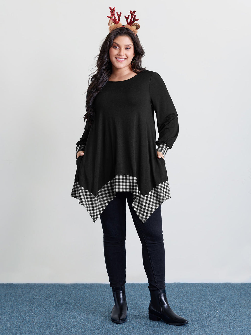 Supersoft Stretchy Checkered Asymmetrical Hem T-Shirt