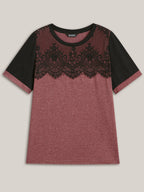 Stretchy Scalloped Lace Color Contrast T-Shirt
