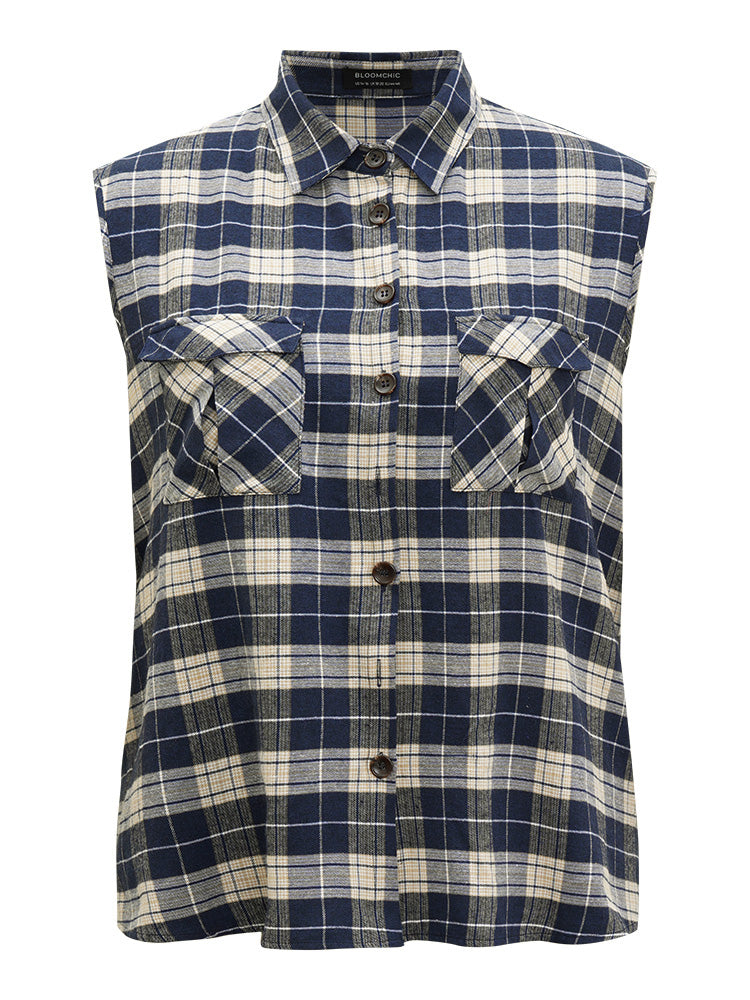 Plaid Flap Pocket Button Up Sleeveless Jacket