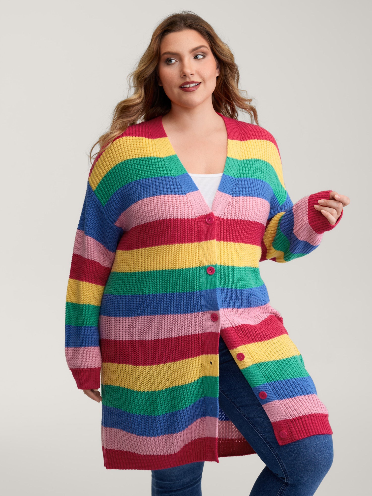 Colorblock Contrast Texture Button Cardigan