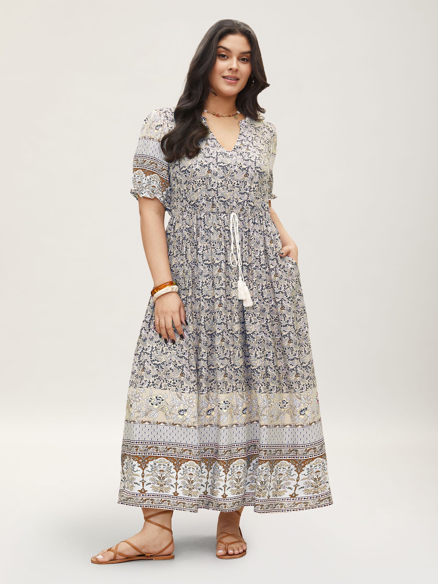 Boho Print Notched Ties Tassel Trim Dress