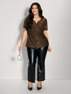 Shimmery Wrap Neck Sheer Sleeve T-Shirt