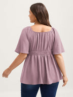 Stretchy Neckline Waist-Cinched Solid Blouse