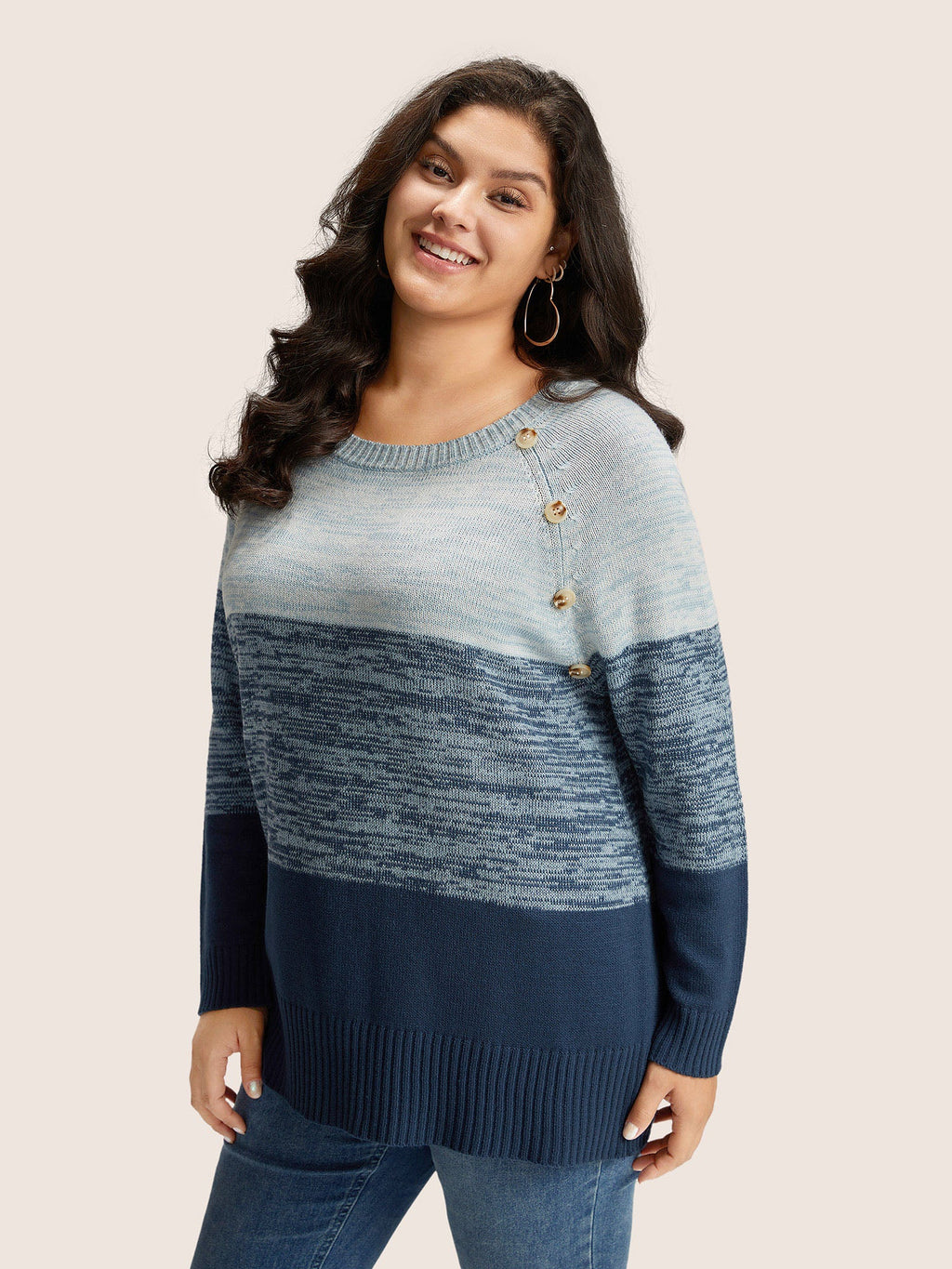 Colorblock Contrast Heather Button Detail Pullover