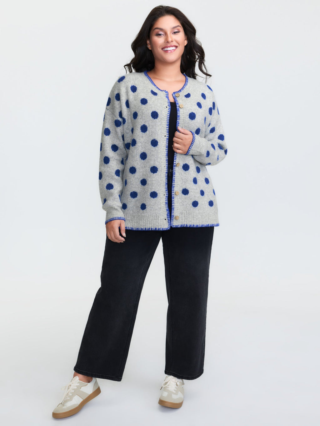 Polka Dots Jacquard Buttons Knit Cardigan