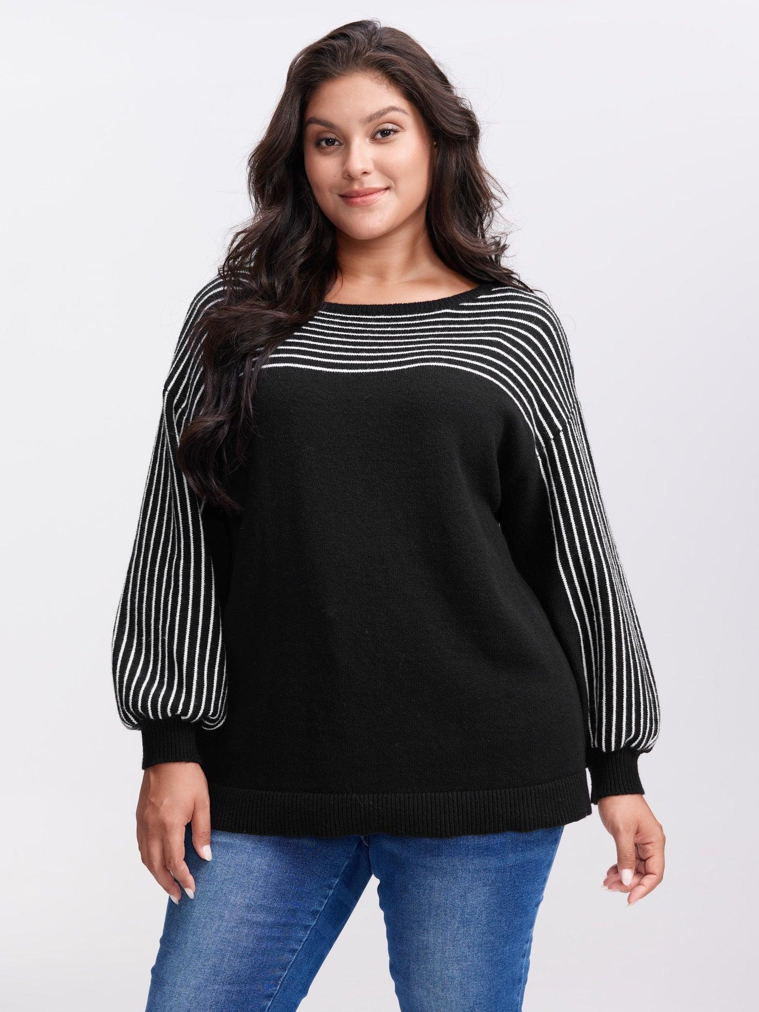 Stripe Boat Neck Balloon Sleeve Pullover