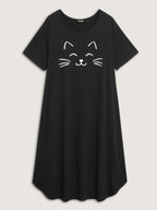 Happy Cat Print Stretchy Contrast Sleep Dress