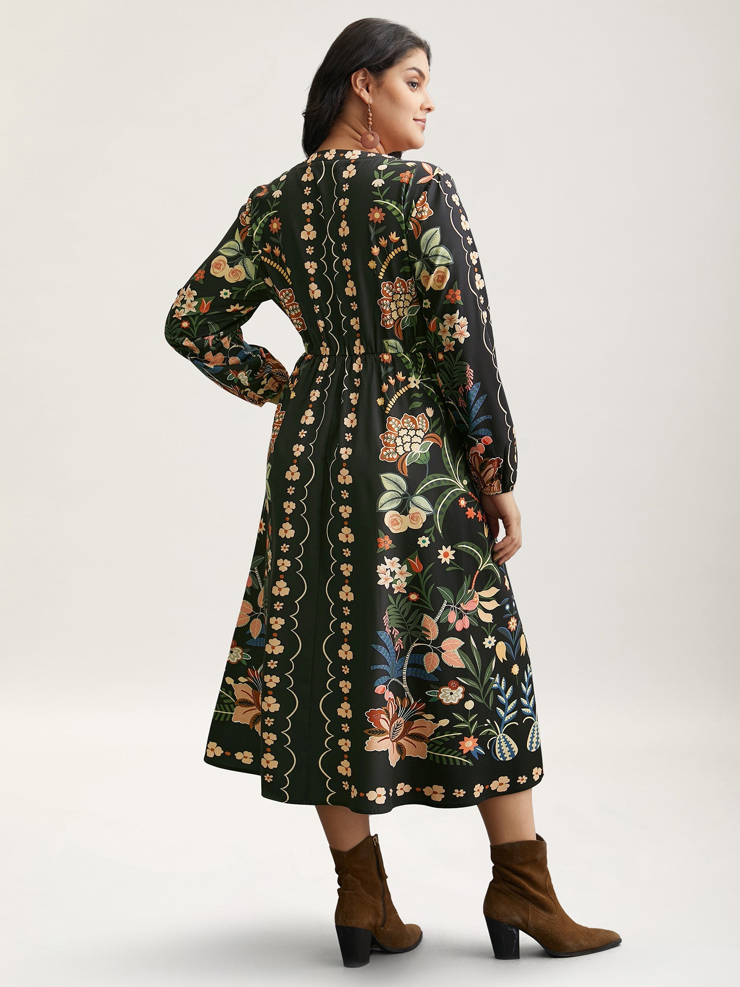 Floral Print Notched Collar Elastic Waist Dress