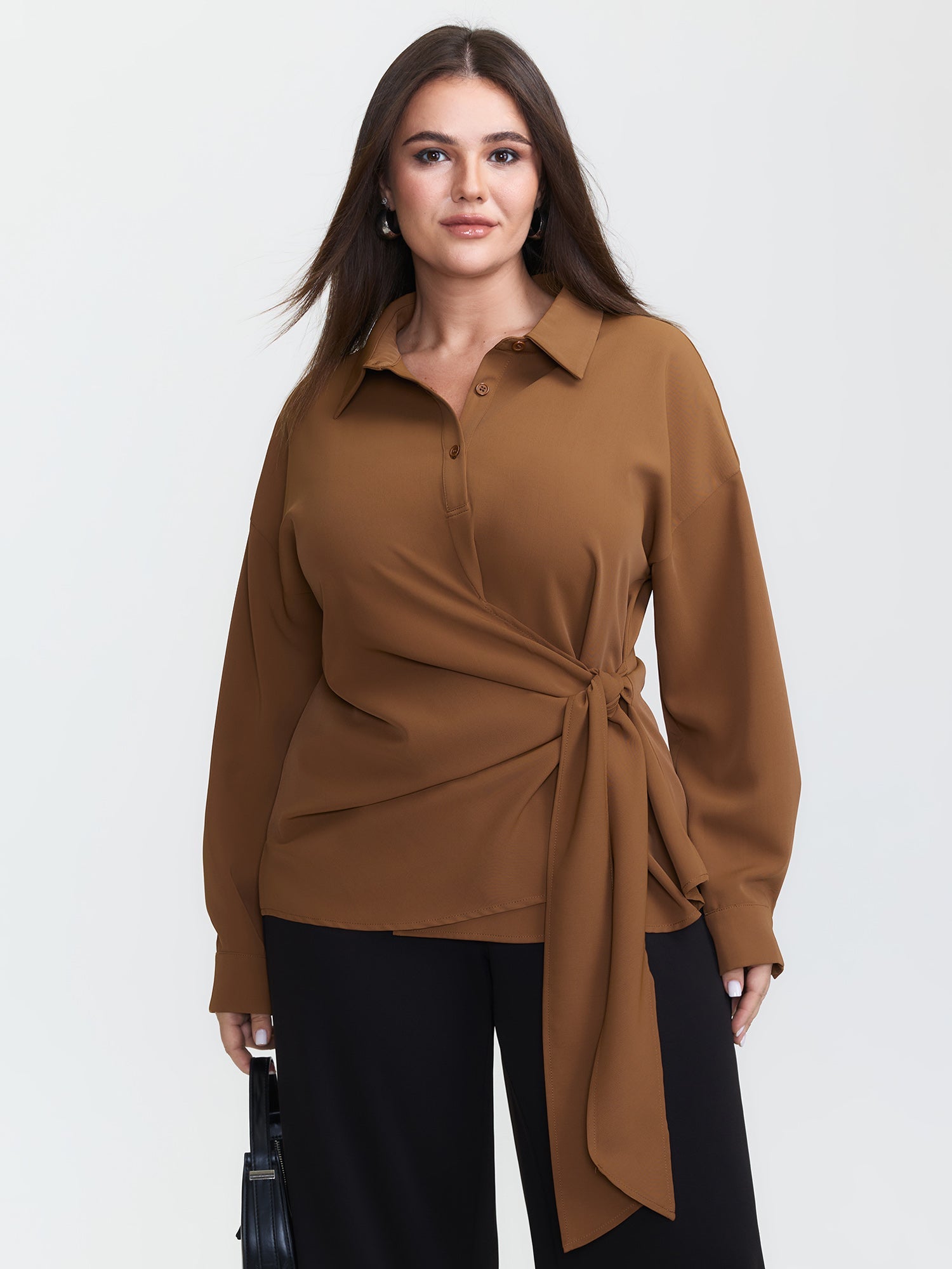 Wrap Tie Side Shirt Collar Blouse