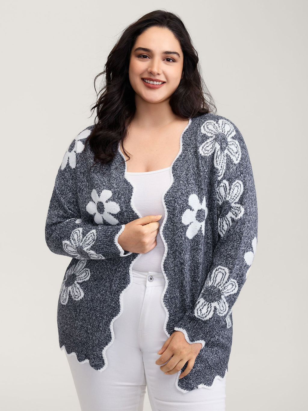 Floral Pattern Open-Front Knitted Cardigan