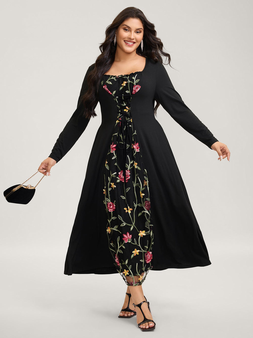 Floral Waist-Tie Contrast Maxi Dress
