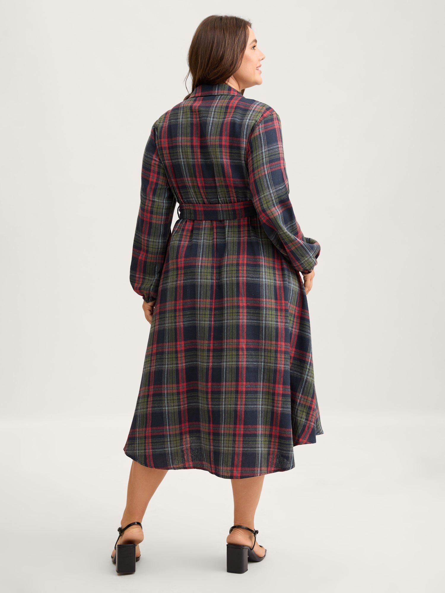 Plaid Button Detail Pocket Belted Arc Hem Dress