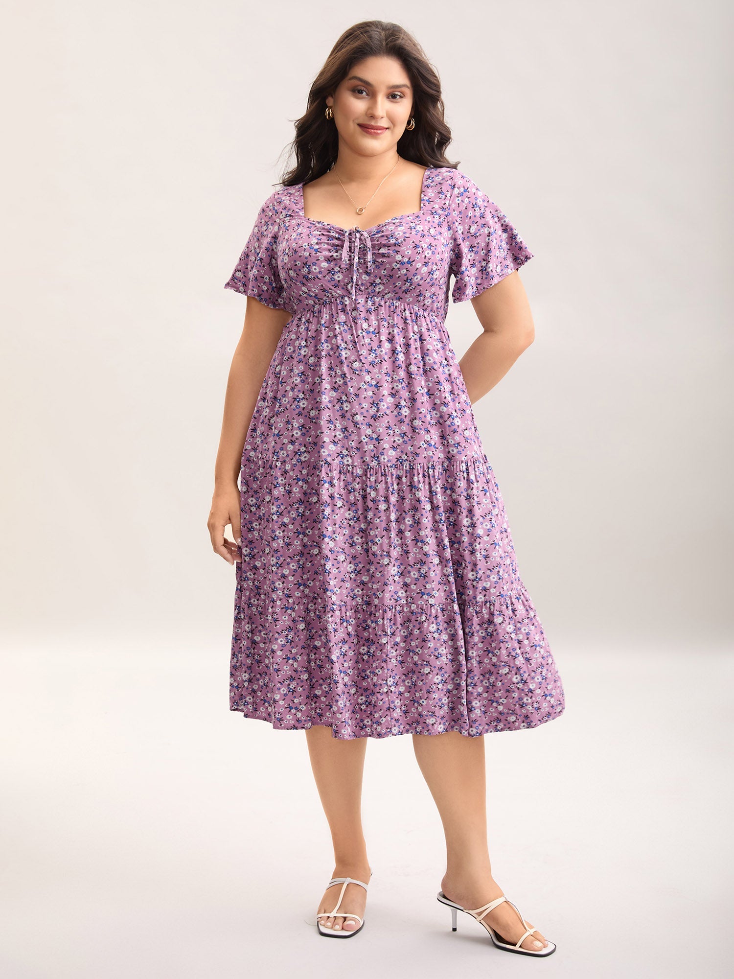 Ditsy Floral Sweetheart Drawstring Pocket Tiered Dress