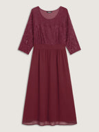 Lace Patchwork Shirred Midi Pocket Dress