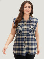 Plaid Flap Pocket Button Up Sleeveless Jacket