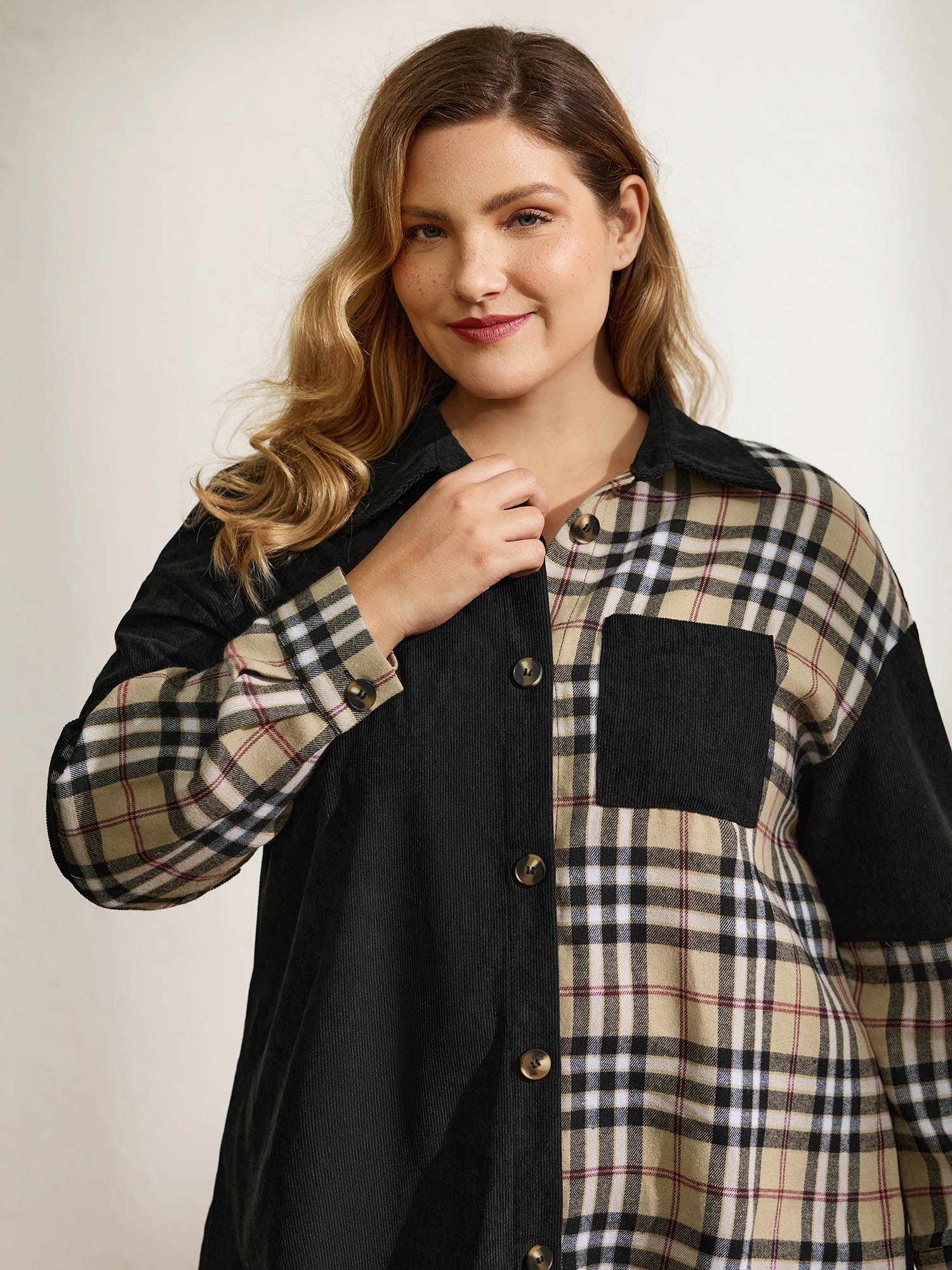 Corduroy Plaid Print Contrast Jacket