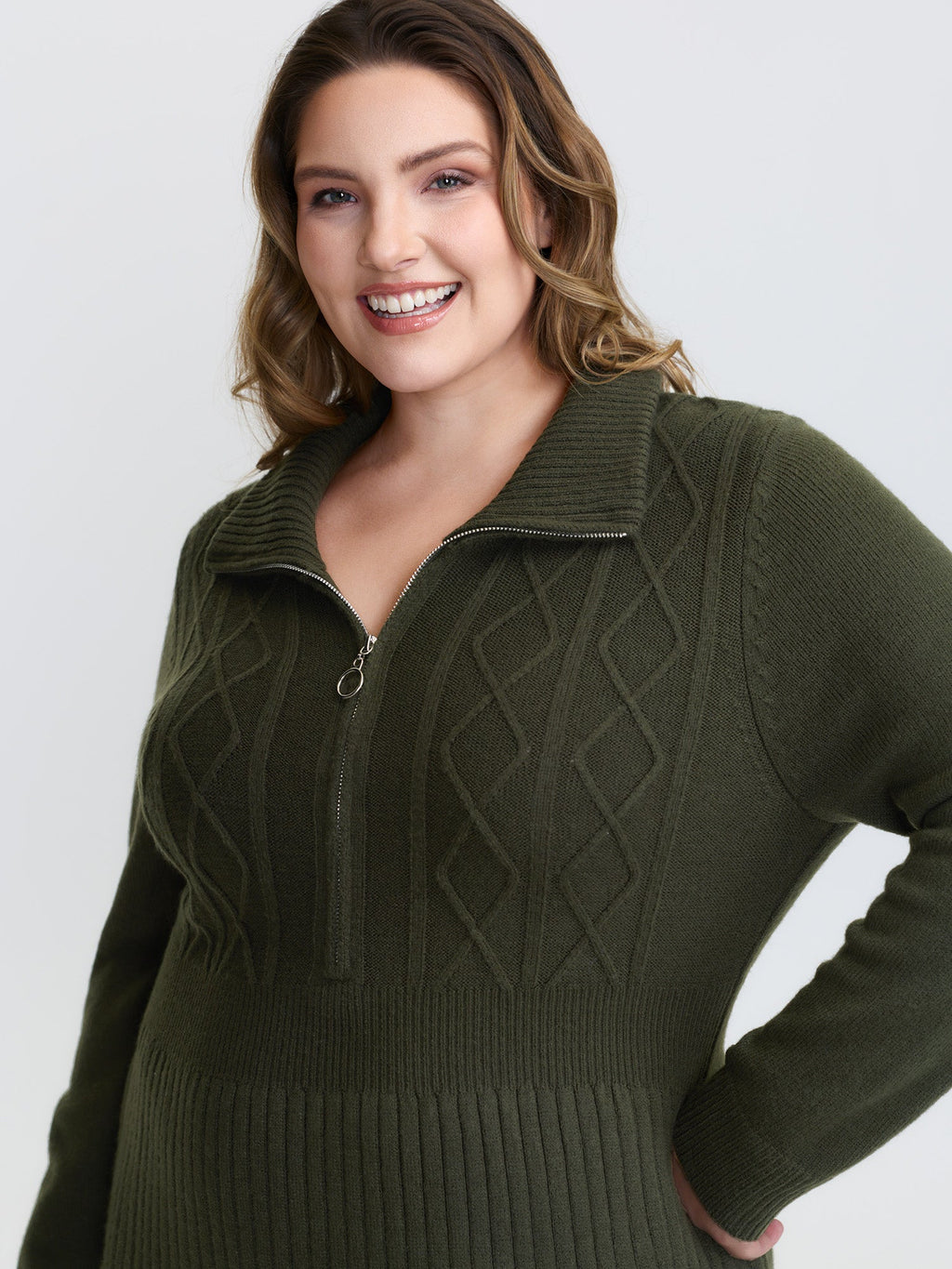 Zipper Front Fit and Flare Midi Sweater Dress