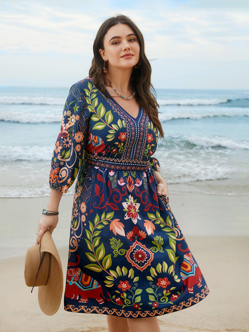 Boho Print V-Neck Pockets Midi Dress