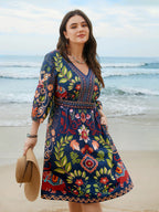 Boho Print V-Neck Pockets Midi Dress