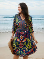Boho Print V-Neck Pockets Midi Dress