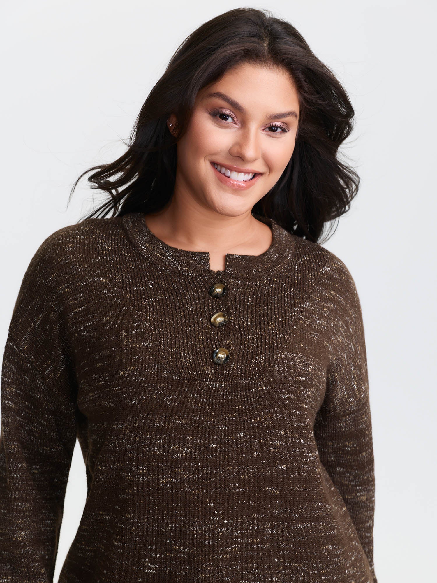 Heather Textured Button Neck Pullover
