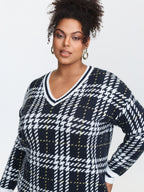 Checkered Pattern Jacquard V-Neck Pullover