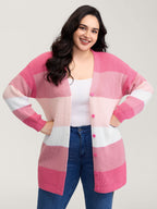 Colorblock Contrast Texture Button Cardigan