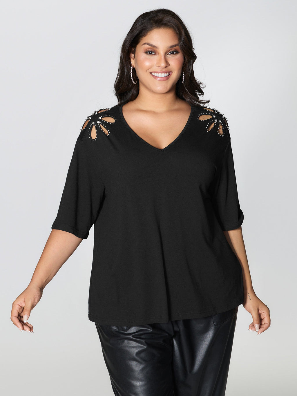 Cut-Out Shoulder Beads T-Shirt