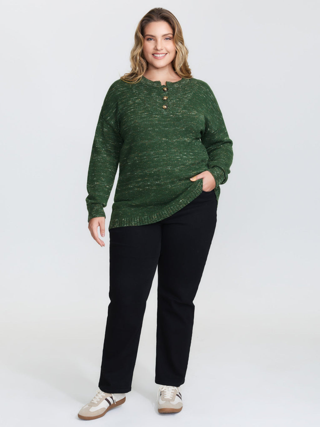 Heather Textured Button Neck Pullover