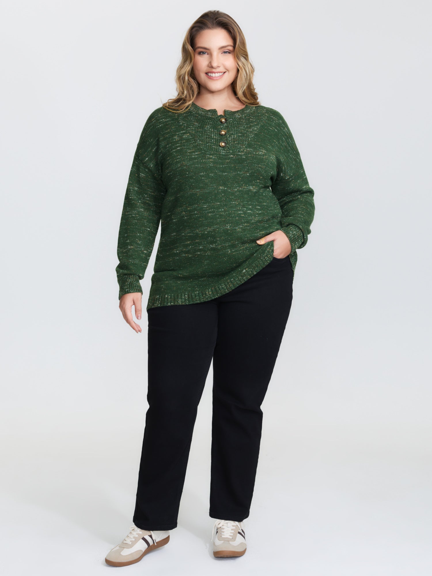 Heather Textured Button Neck Pullover