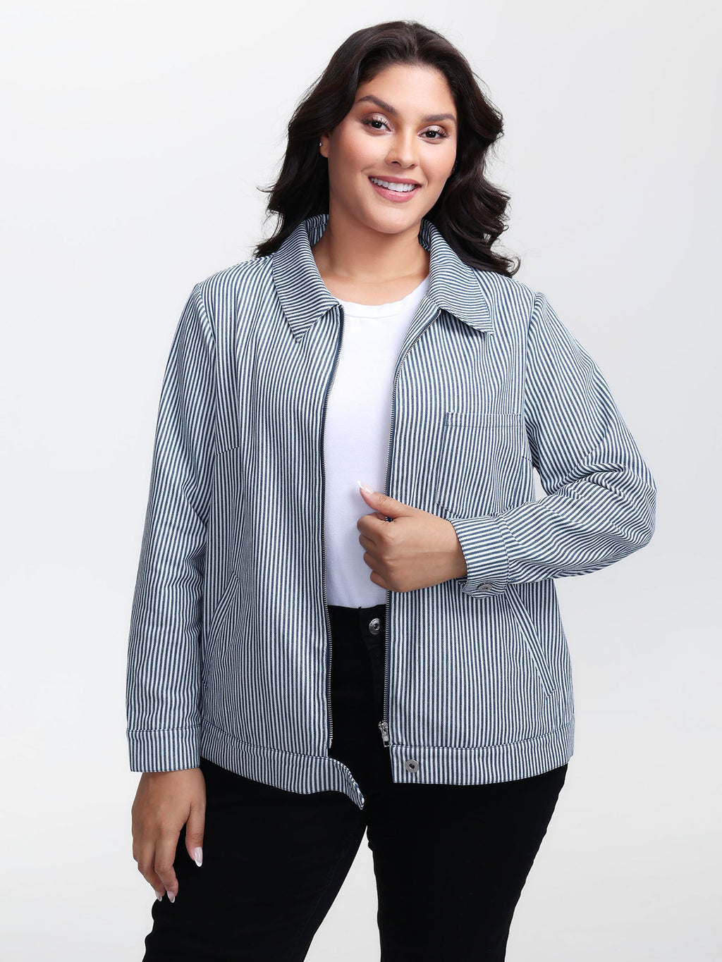 Denim Stripe Zipper-Front Jacket