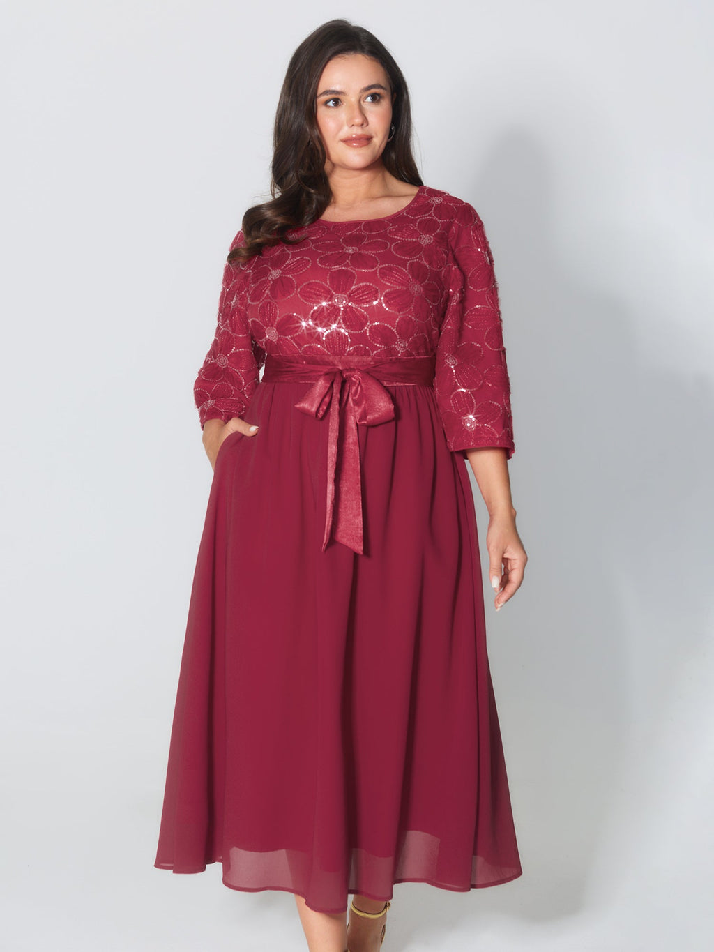 Sequin Floral Tulle Shirred Waist Maxi Dress