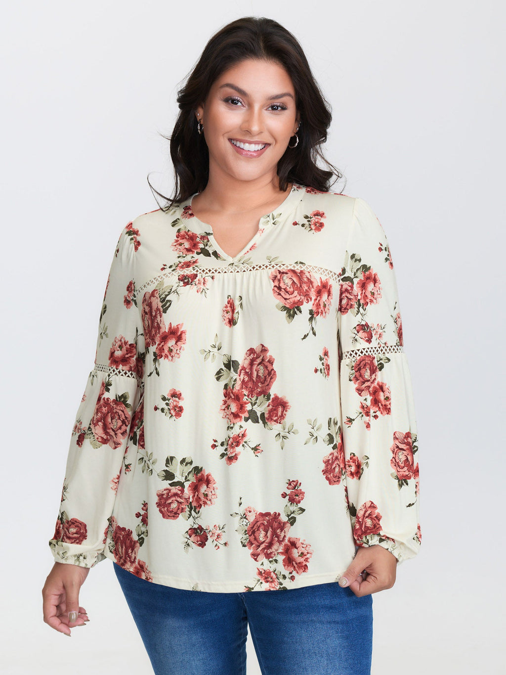 Supersoft Floral Lace Trim Knit Top