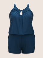 Solid Keyhole Elastic Waist Gathered One Piece Swimsuit