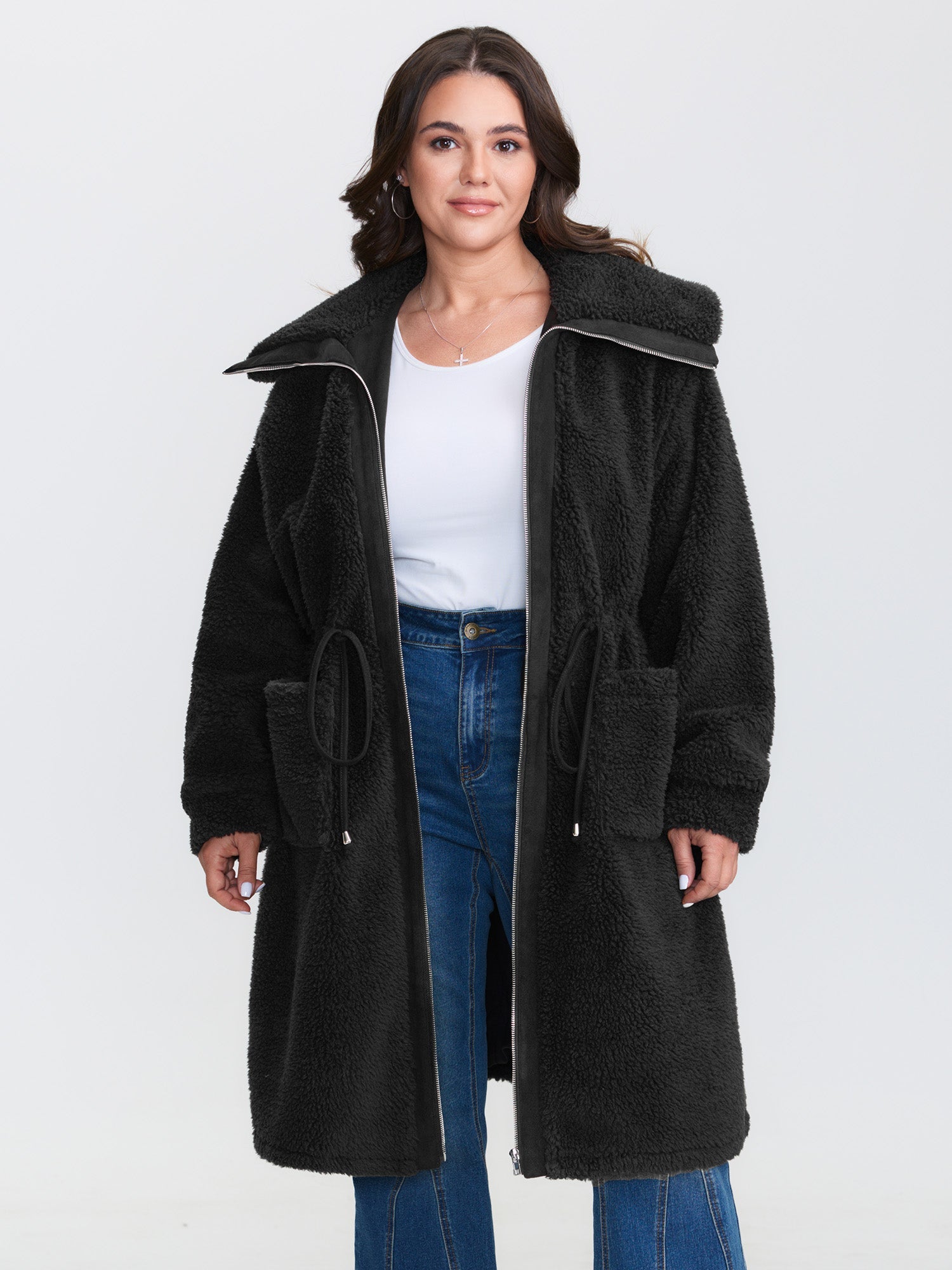 Faux Shearling Zipper Pockets Jacket