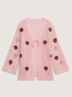 Strawberry Jacquard Embroidery Tie Knit Cardigan