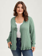 Supersoft Textured Floral Button Ruffled Hem Knit Cardigan