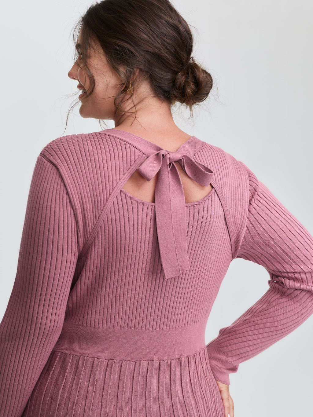 Ribbed Cinched-Waist Bowtie Sweater Dress