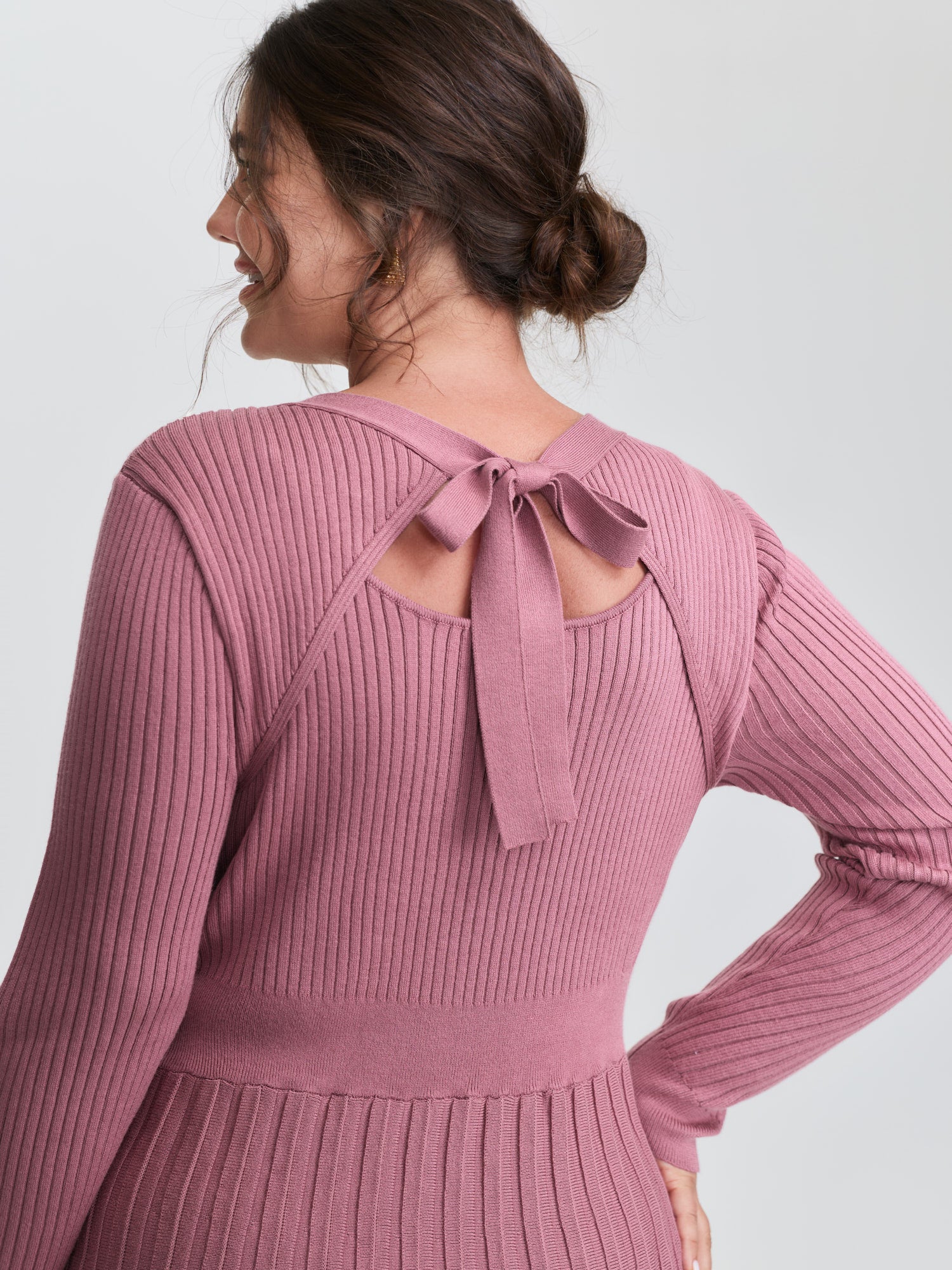 Ribbed Cinched-Waist Bowtie Sweater Dress