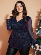 Sequin Mesh Lantern Sleeve Wrap Belted Striped Blouse