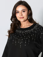 Rhinestone Relaxed-Fit Round Neck Sweatshirt