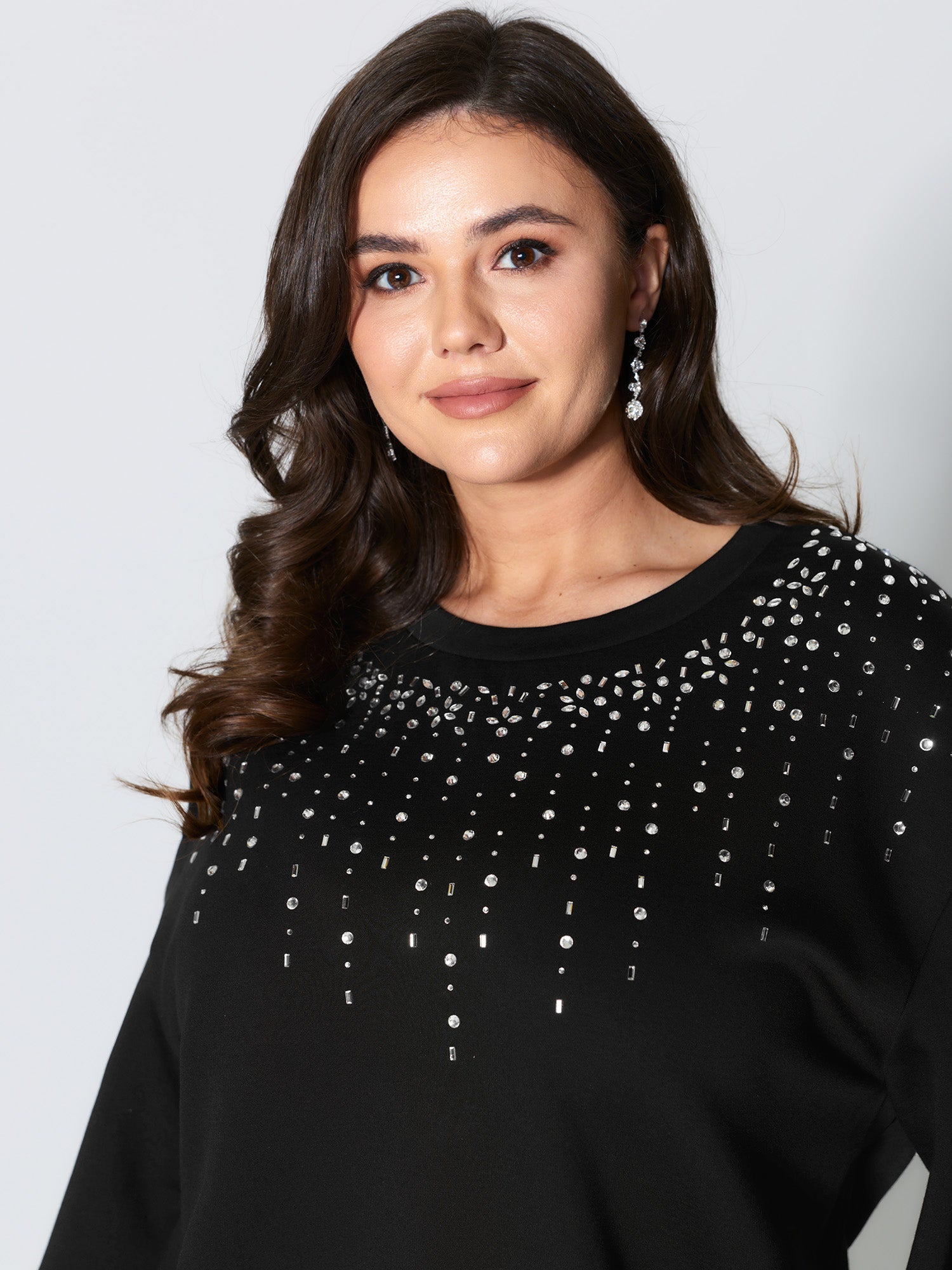 Rhinestone Relaxed-Fit Round Neck Sweatshirt