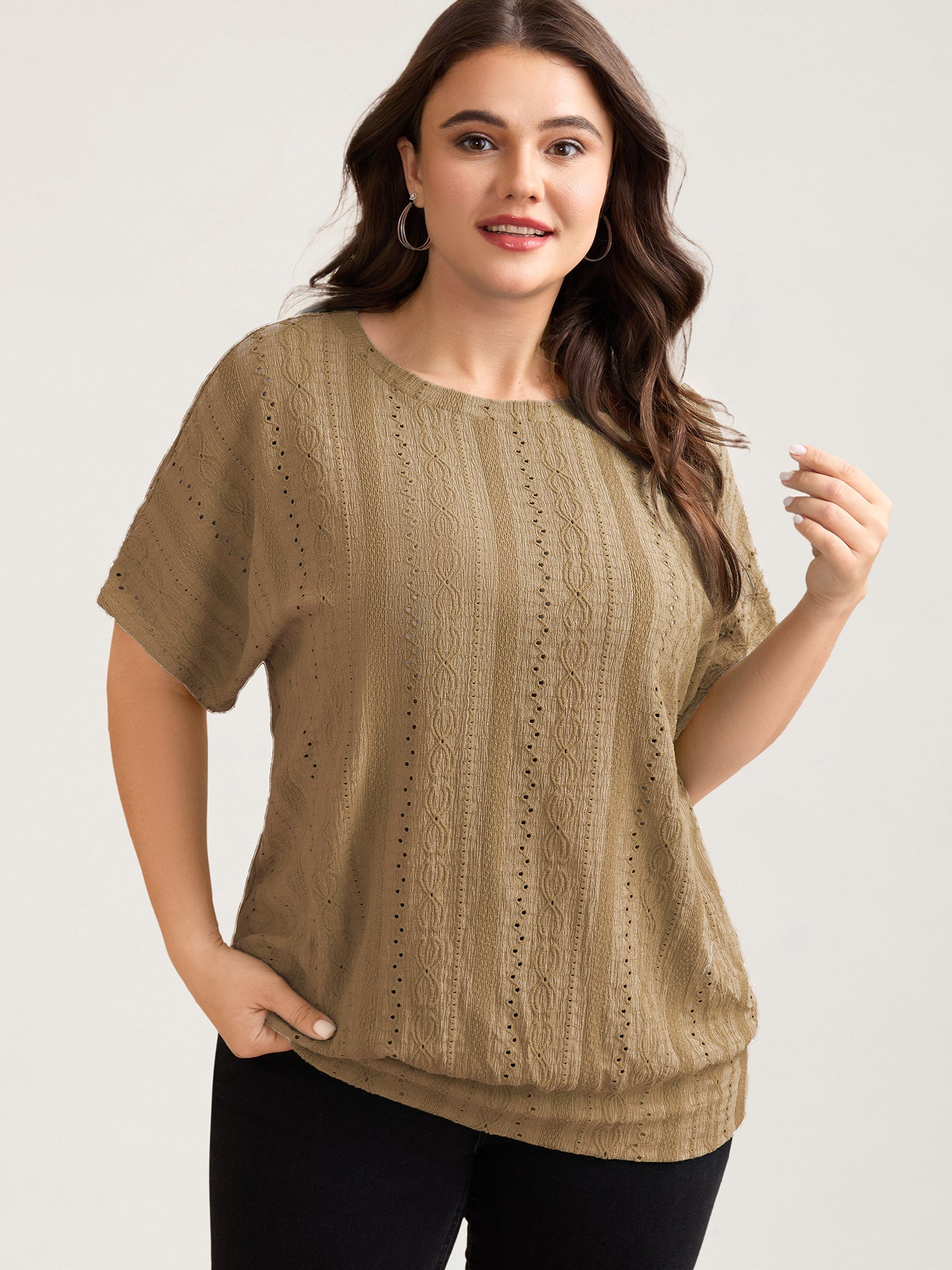 Eyelet Trim Stretchy Textured Plain Top