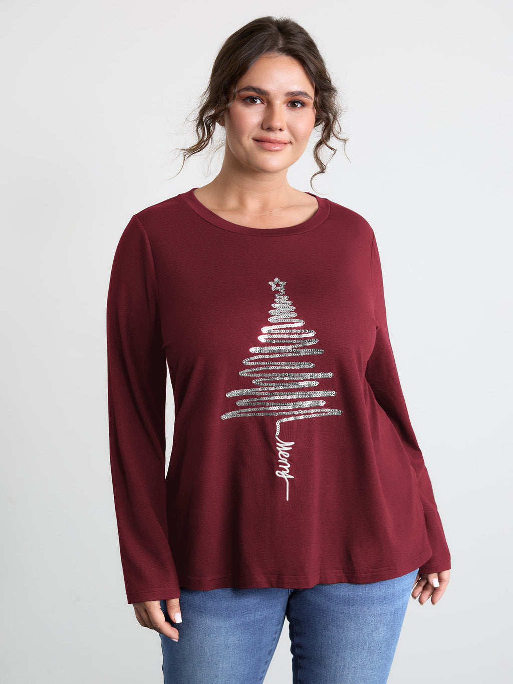Sequin Cord Embroidered Tree Round Neck T-Shirt