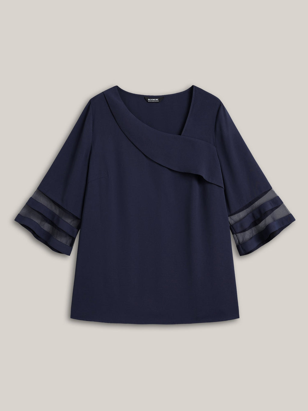 Sheer Sleeve Patchwork Asymmetrical Neckline Blouse