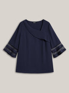 Sheer Sleeve Patchwork Asymmetrical Neckline Blouse