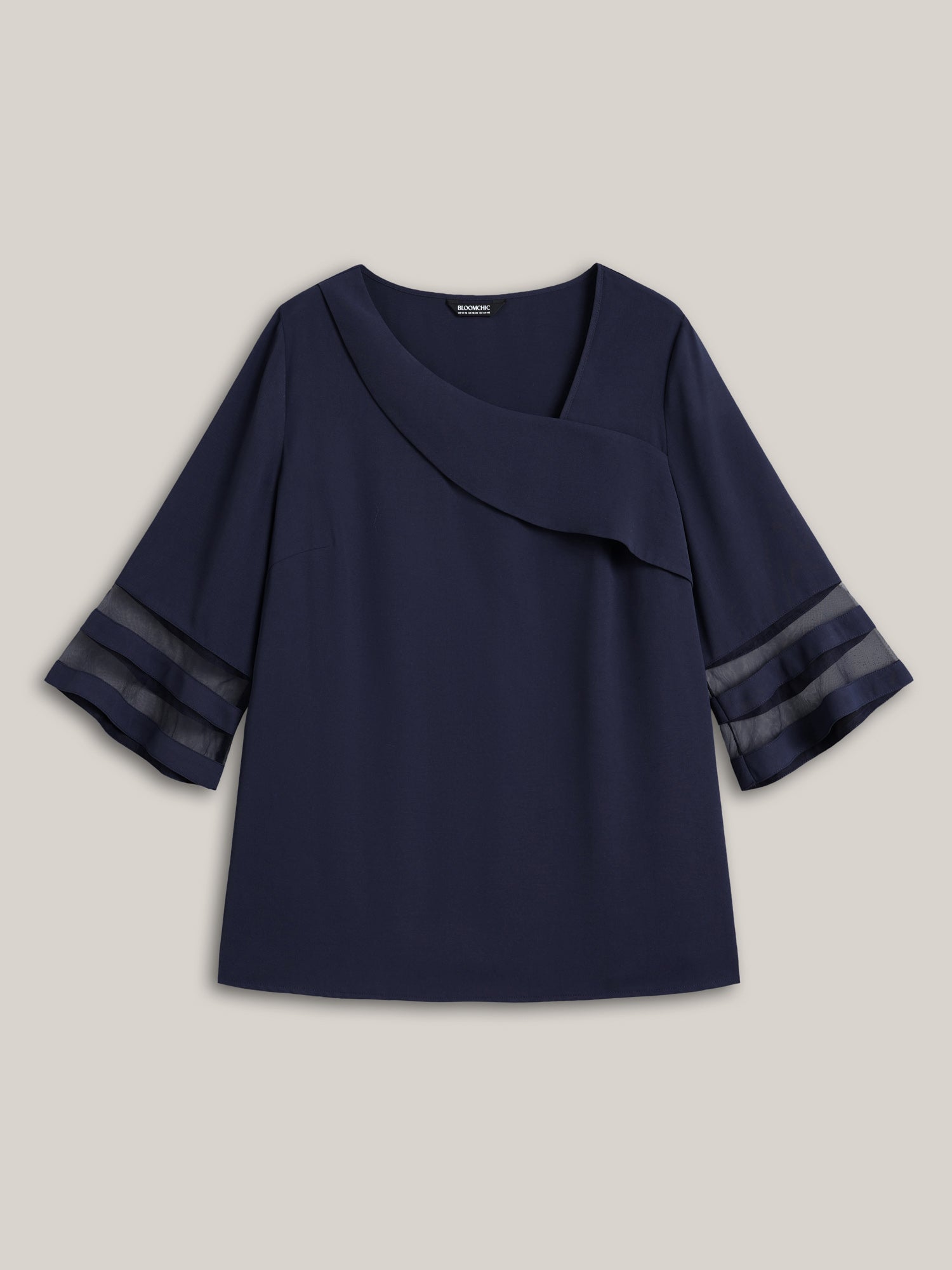 Sheer Sleeve Patchwork Asymmetrical Neckline Blouse