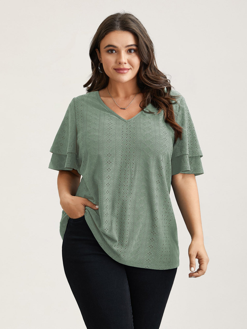 Jacquard Textured Lotus Leaf Sleeve Top