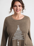 Sequin Cord Embroidered Tree Round Neck T-Shirt