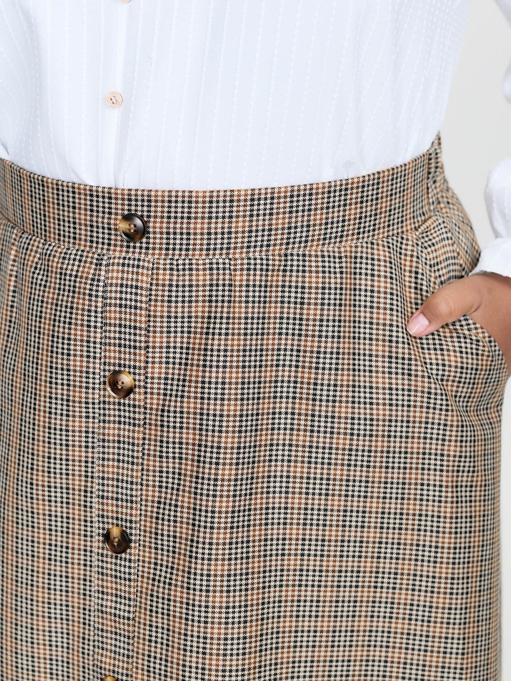 Retro Check Pattern Button Decor Midi Skirt